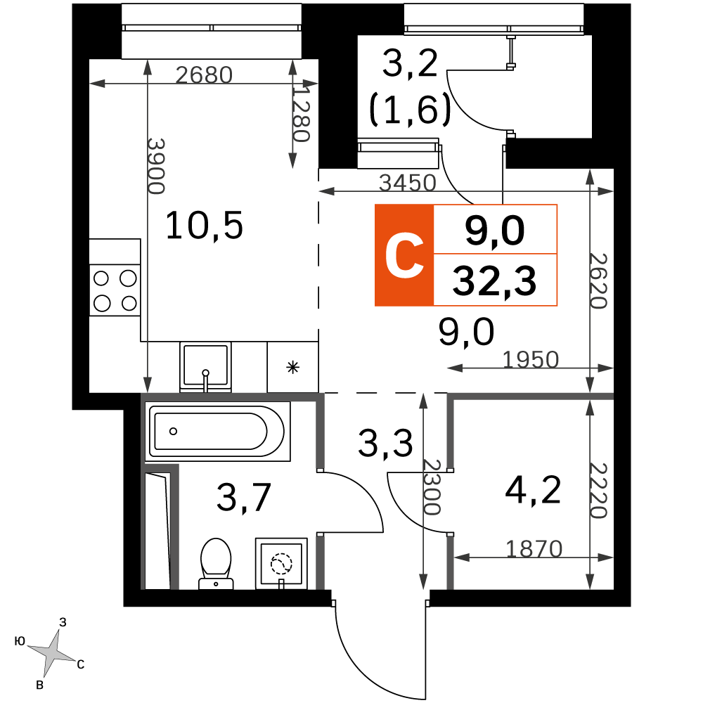 студия, 32.3 м², 40 этаж 