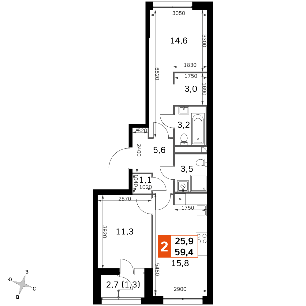 2 комн. квартира, 59.7 м², 5 этаж 