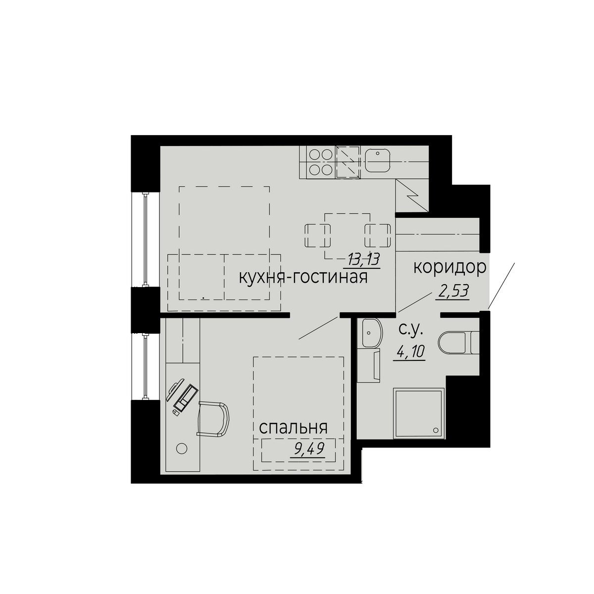 1 комн. квартира, 29.2 м², 4 этаж 