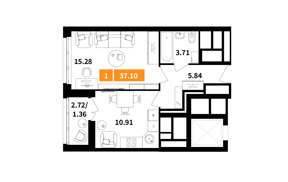 1 комн. квартира, 37.1 м², 17 этаж 