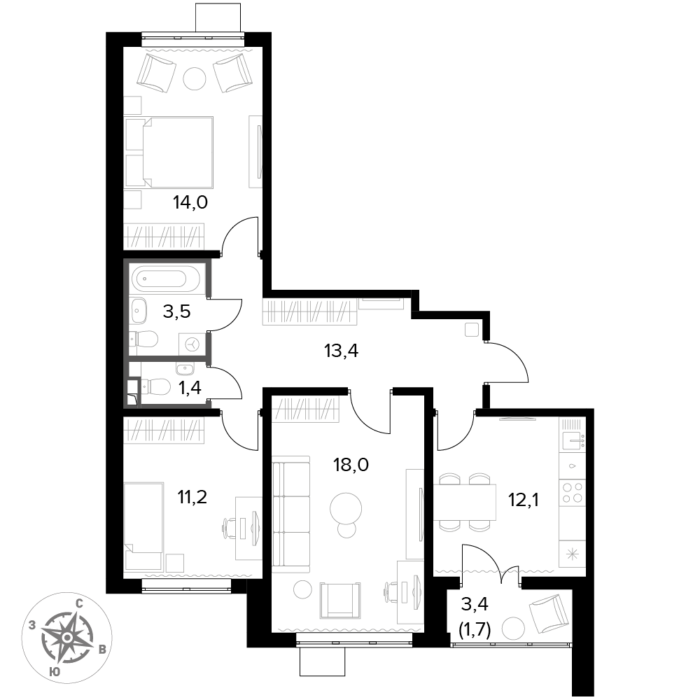 3 комн. квартира, 75.3 м², 2 этаж 