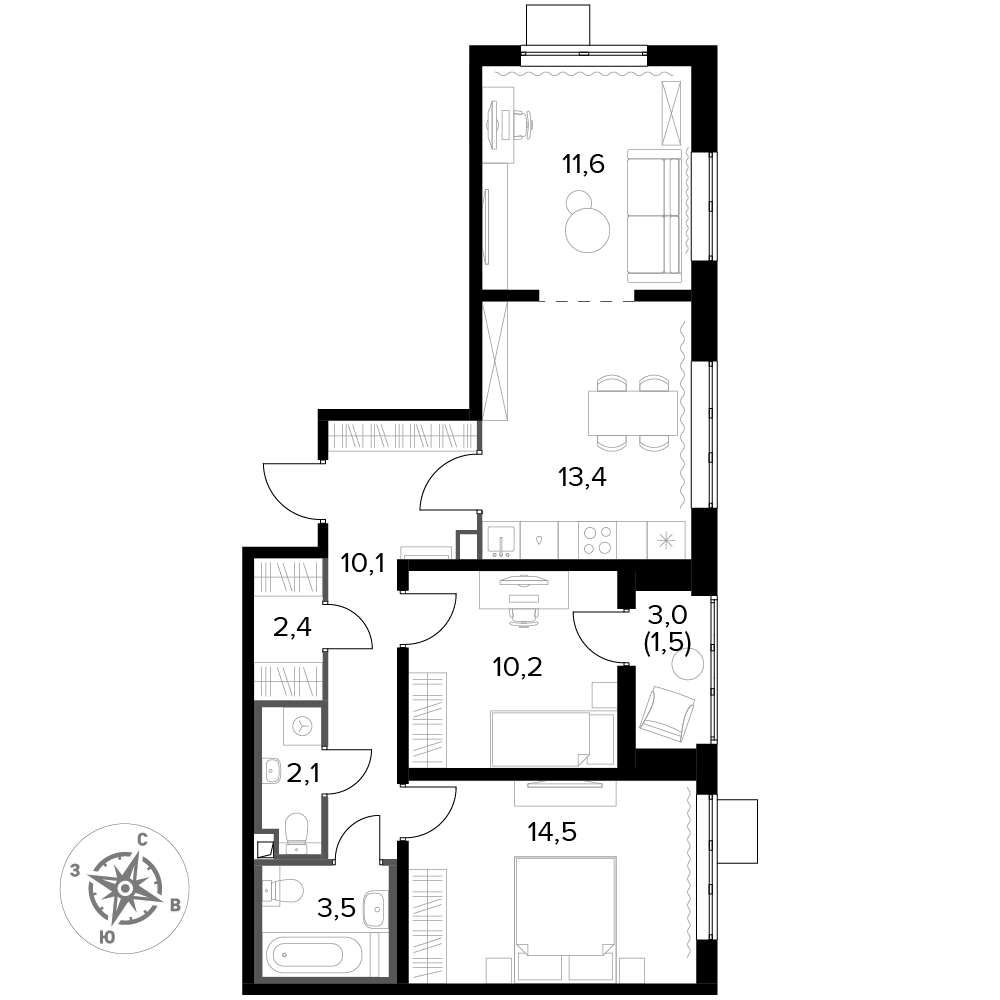 3 комн. квартира, 69.3 м², 6 этаж 
