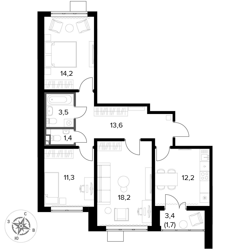 3 комн. квартира, 76.1 м², 13 этаж 