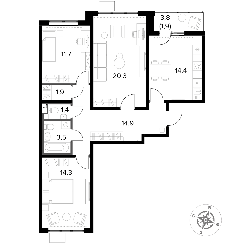 3 комн. квартира, 84.3 м², 11 этаж 