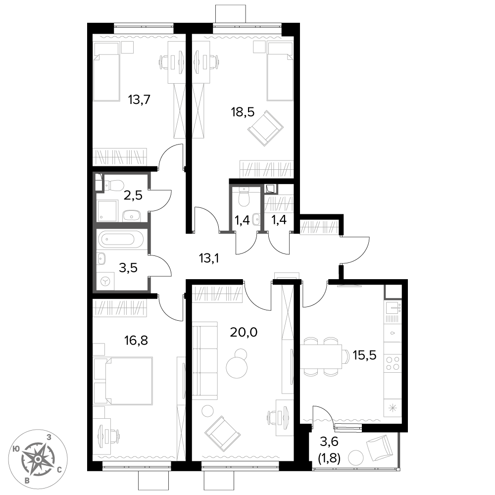 4 комн. квартира, 108.2 м², 6 этаж 