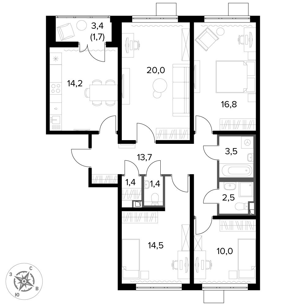 4 комн. квартира, 99.7 м², 2 этаж 