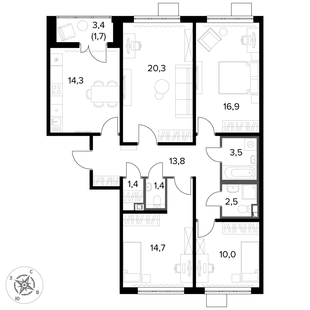 4 комн. квартира, 100.7 м², 12 этаж 