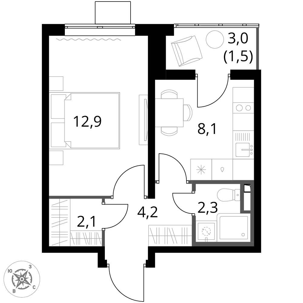 1 комн. квартира, 31.1 м², 22 этаж 