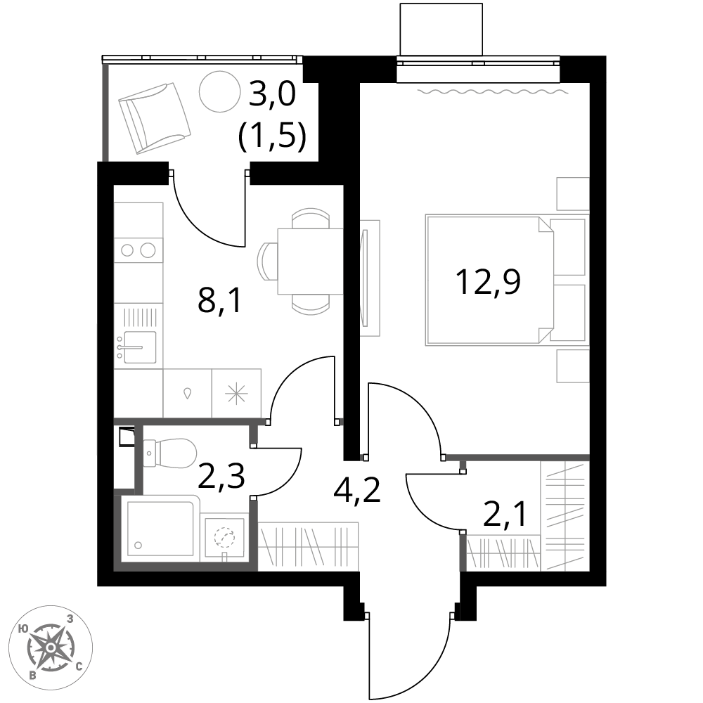 1 комн. квартира, 31.1 м², 23 этаж 