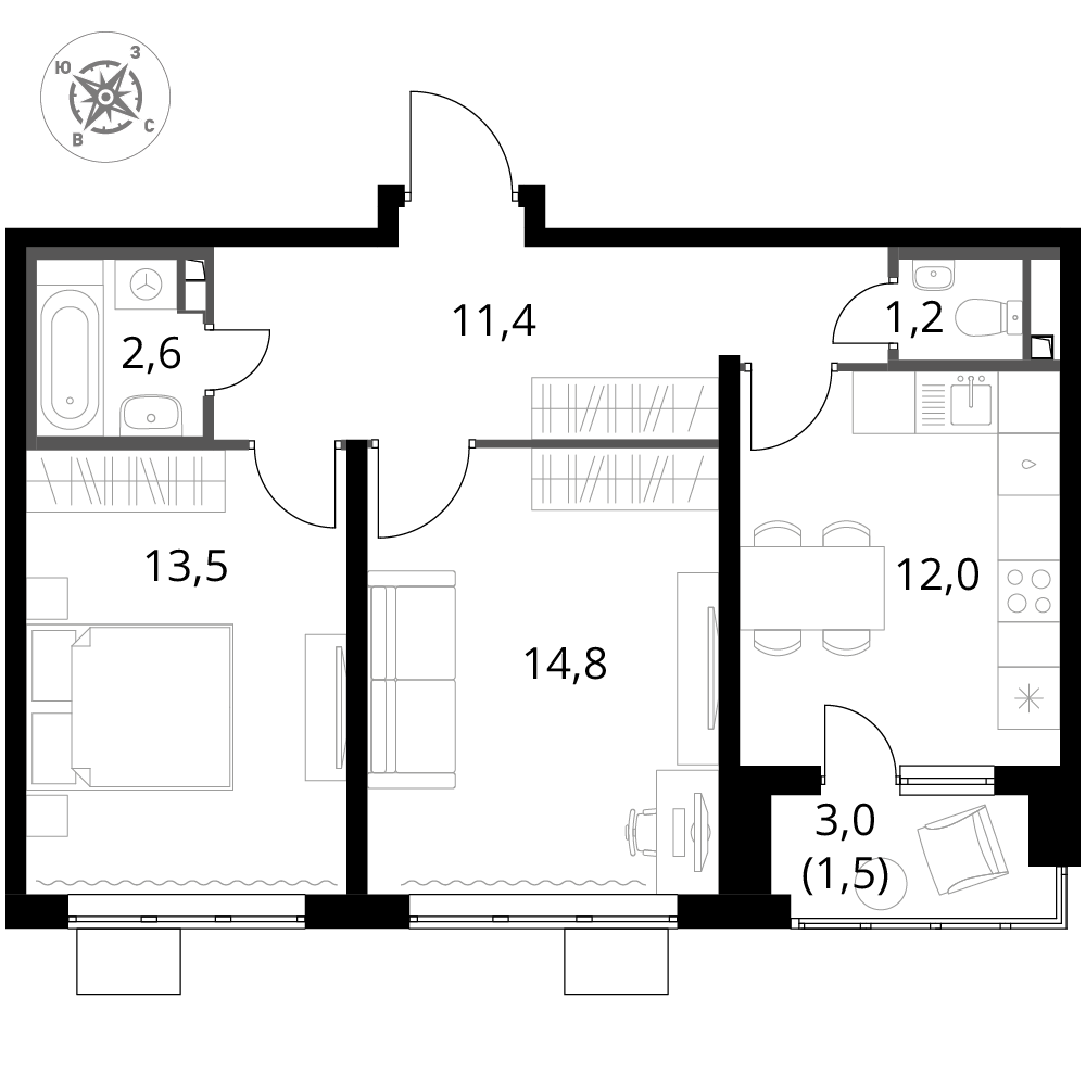 2 комн. квартира, 57 м², 23 этаж 