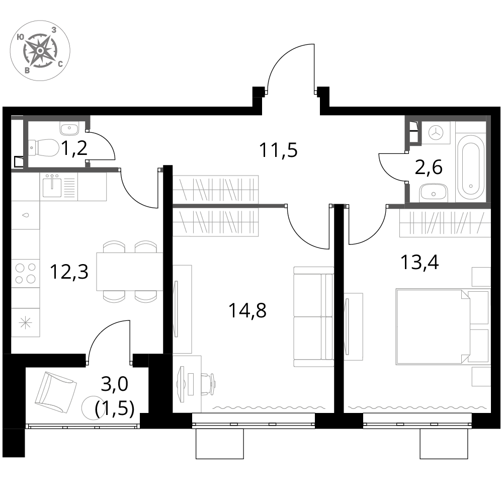 2 комн. квартира, 57.3 м², 24 этаж 