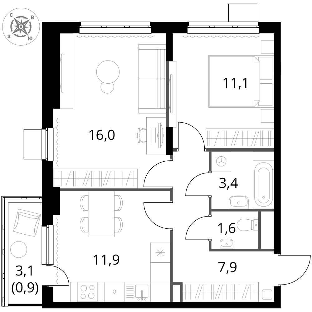 2 комн. квартира, 52.8 м², 23 этаж 