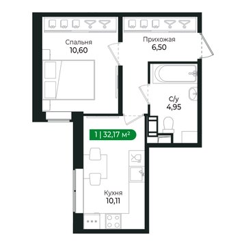 1 комн. квартира, 32.2 м², 3 этаж 