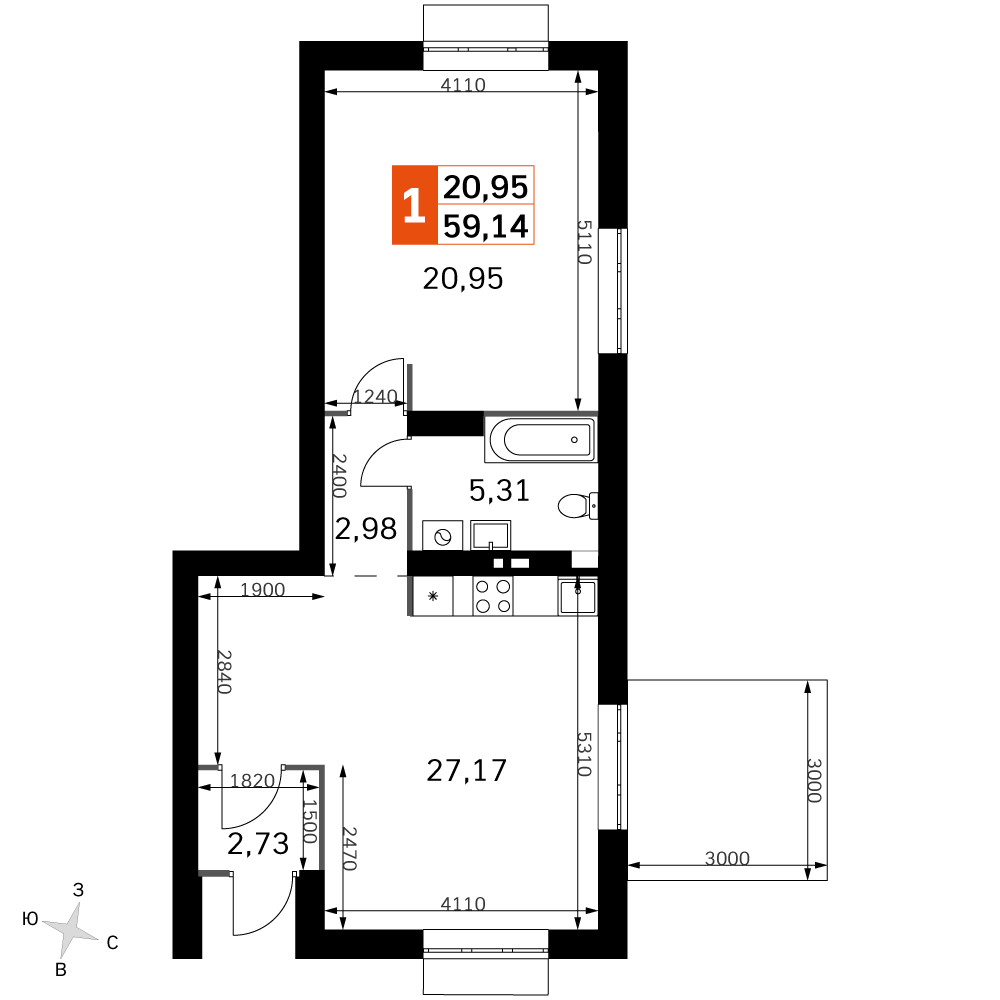 2 комн. квартира, 59.1 м², 1 этаж 