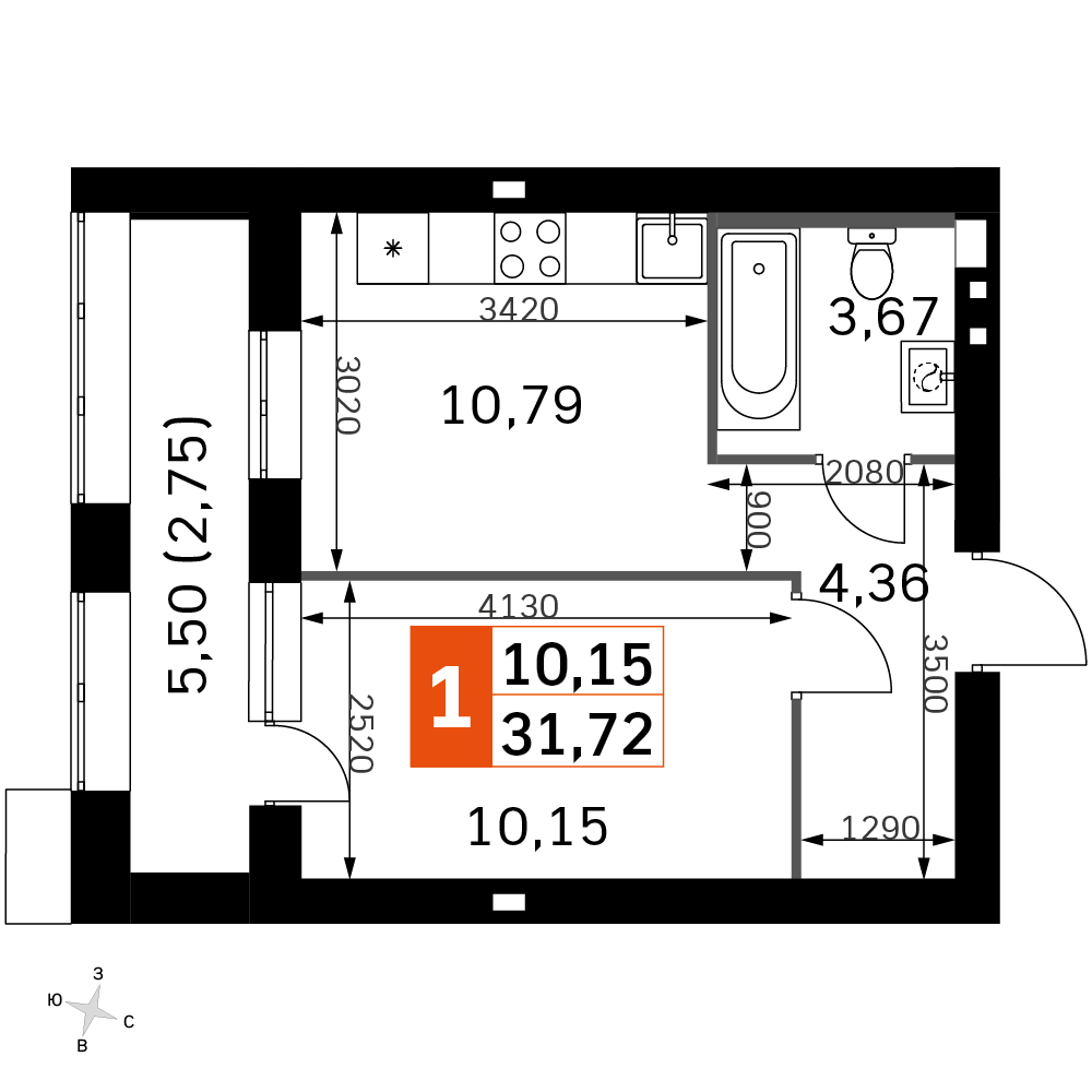 1 комн. квартира, 31.7 м², 2 этаж 