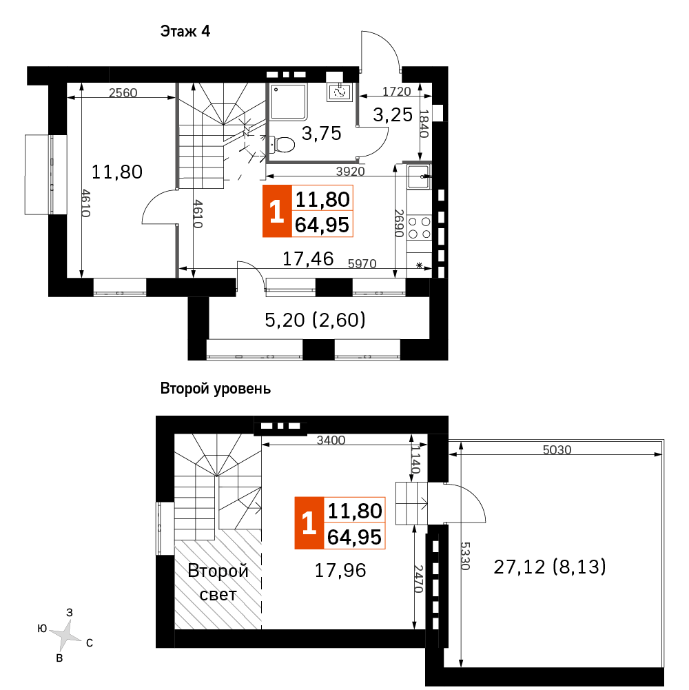 2 комн. квартира, 65 м², 4 этаж 