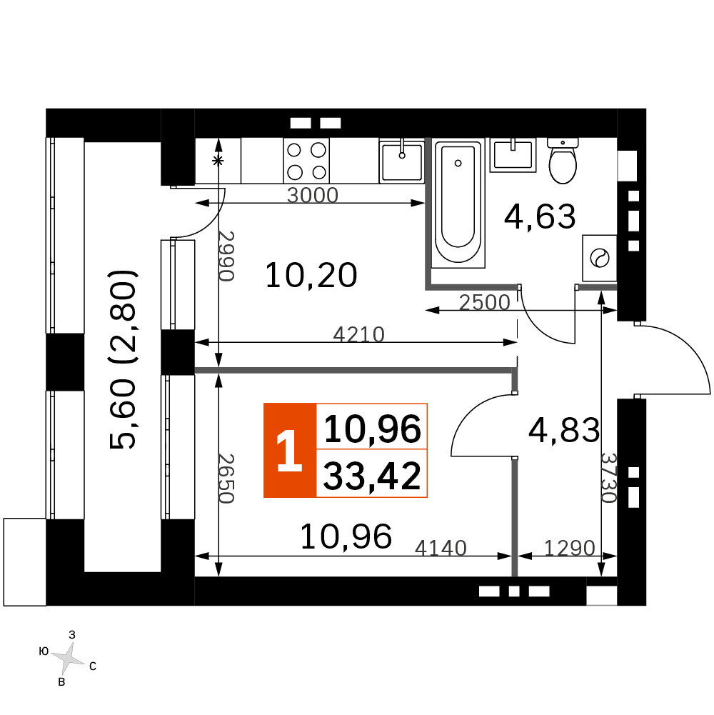 1 комн. квартира, 33.4 м², 4 этаж 