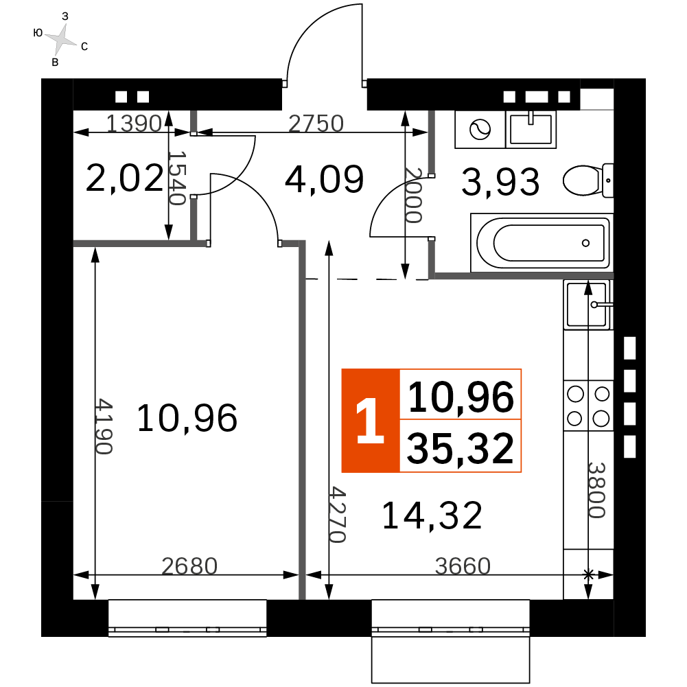 1 комн. квартира, 35.3 м², 4 этаж 