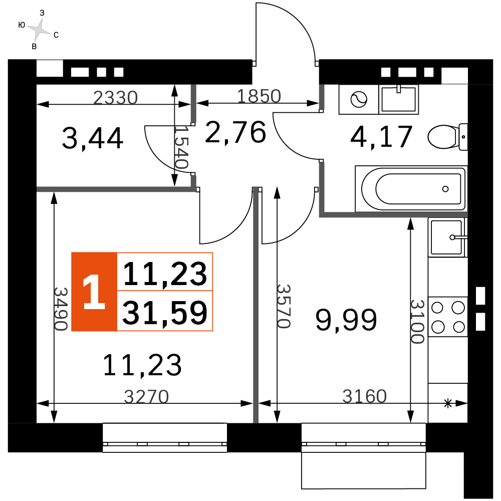 1 комн. квартира, 31.6 м², 2 этаж 
