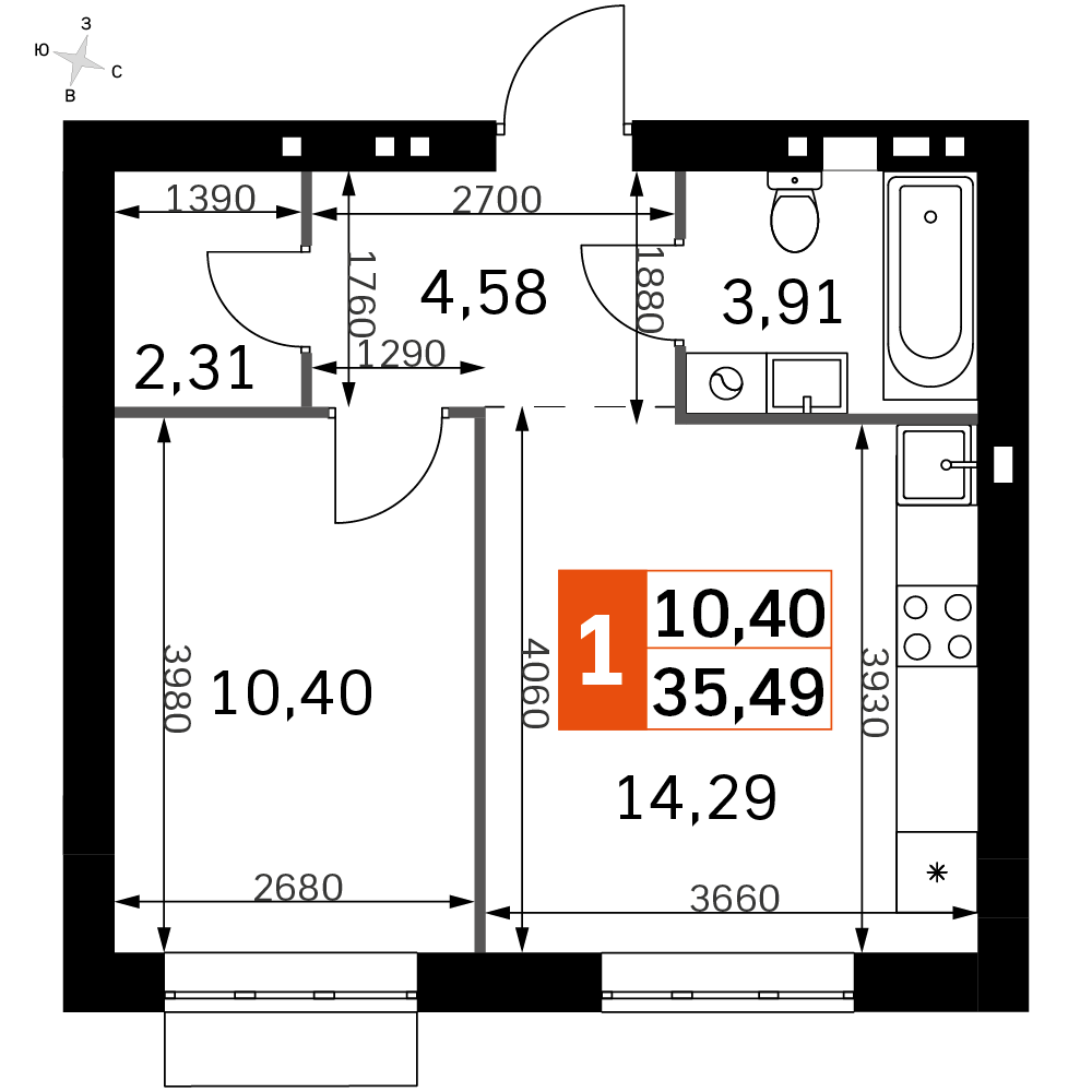 1 комн. квартира, 35.5 м², 3 этаж 