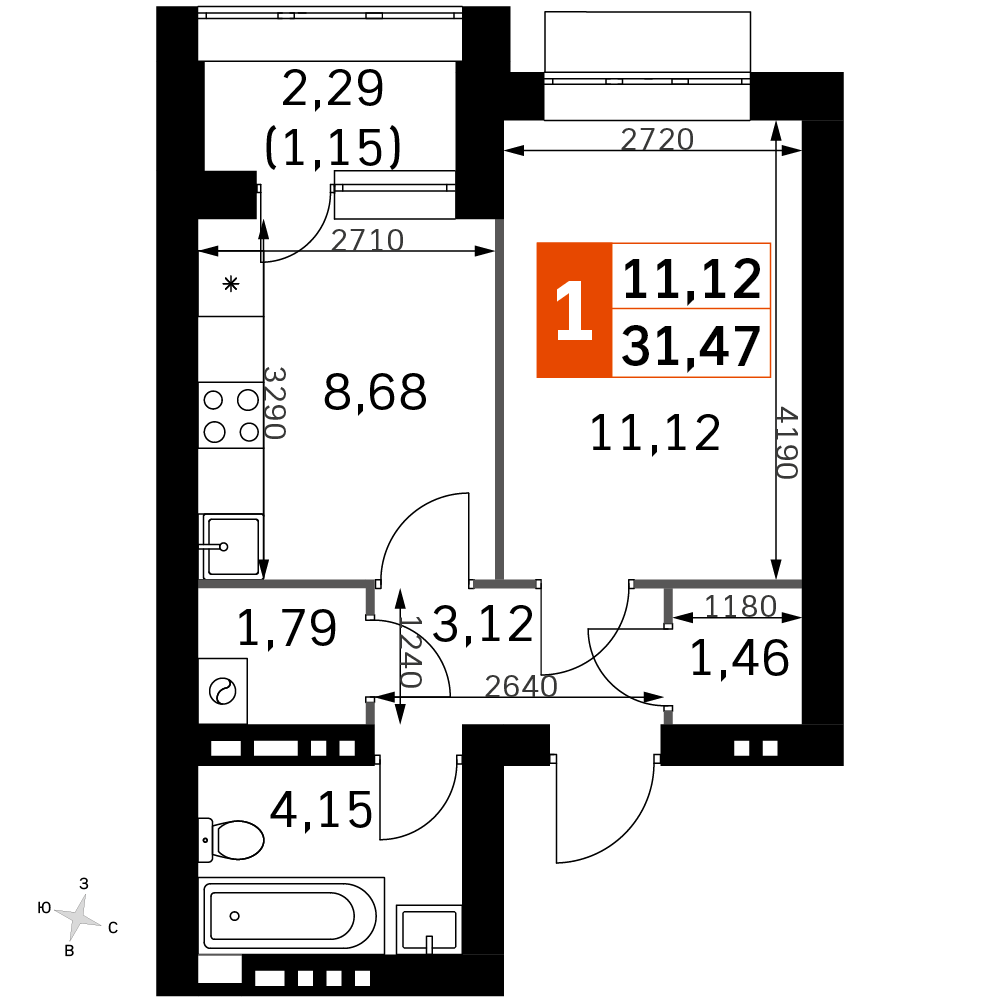 1 комн. квартира, 31.5 м², 4 этаж 