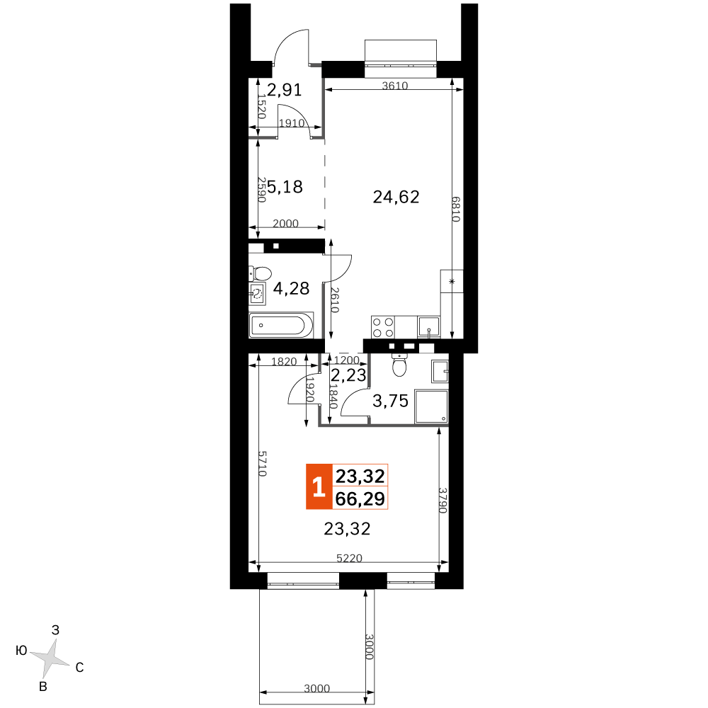 2 комн. квартира, 66.3 м², 1 этаж 