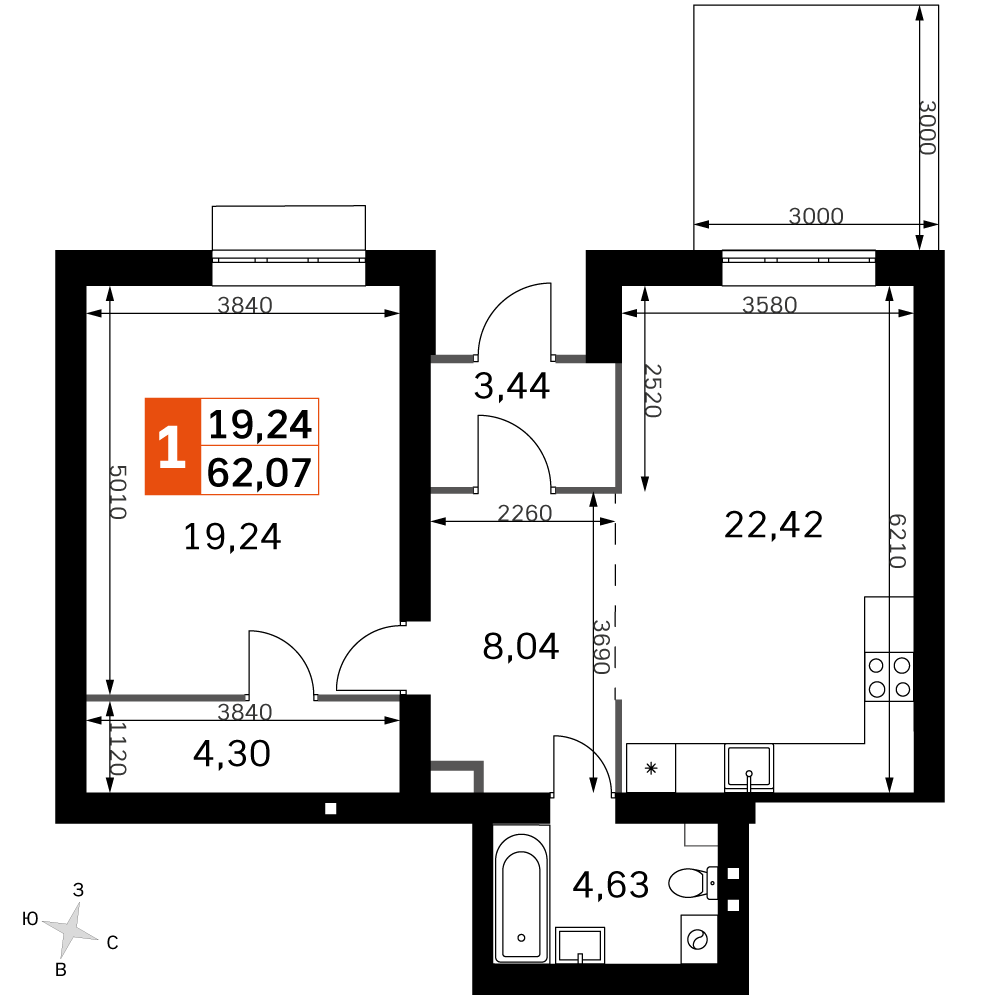 2 комн. квартира, 62.1 м², 1 этаж 