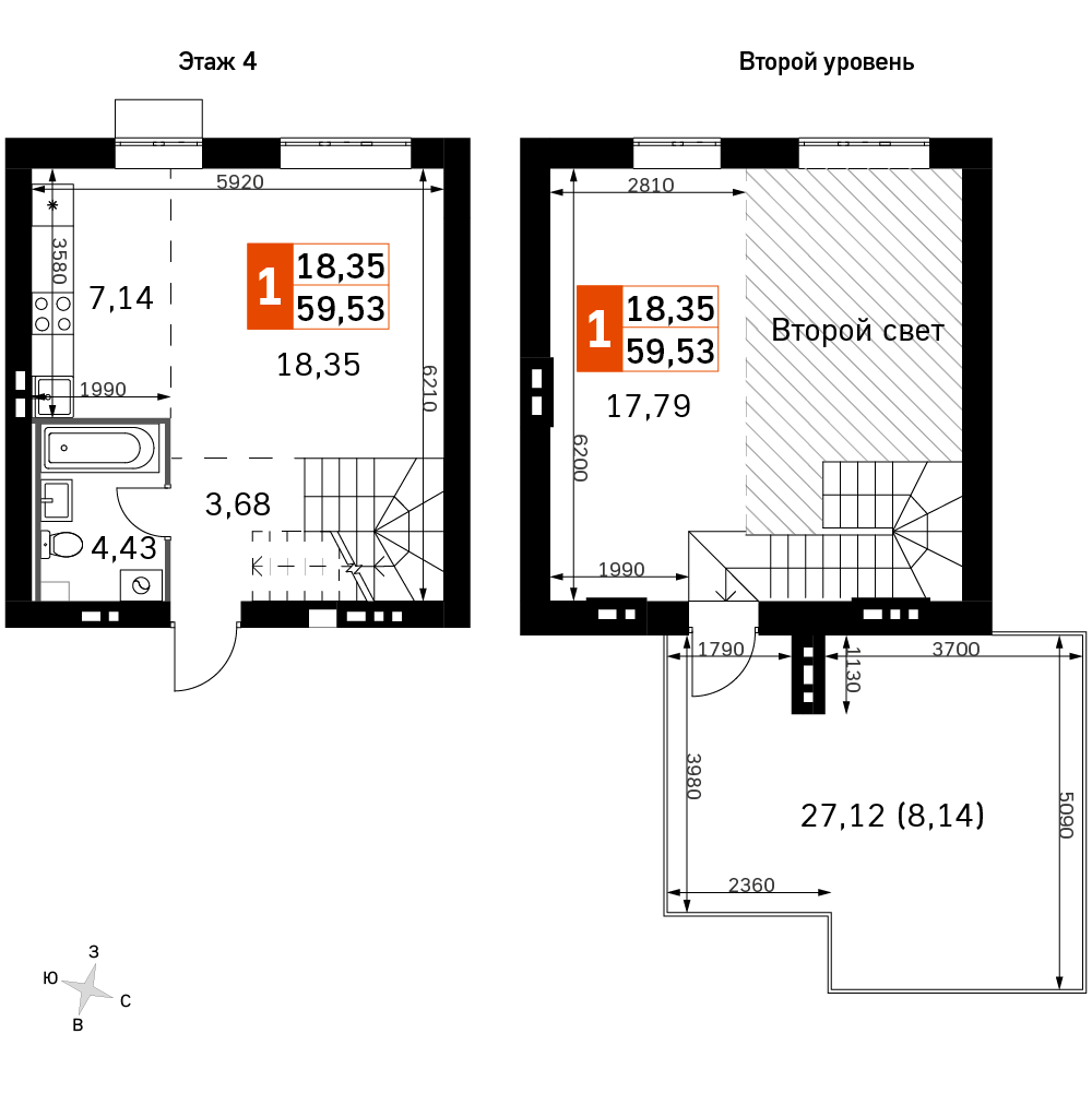 2 комн. квартира, 59.5 м², 4 этаж 