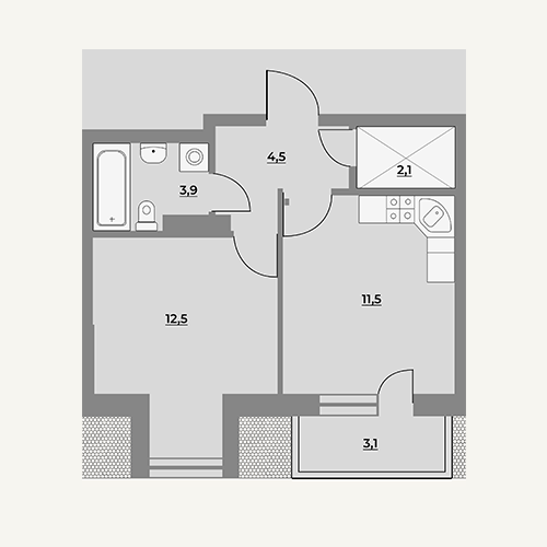 1 комн. квартира, 37.6 м², 4 этаж 