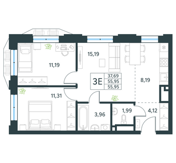 2 комн. квартира, 56 м², 22 этаж 