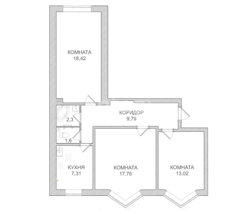 3 комн. квартира, 70.2 м², 8 этаж 