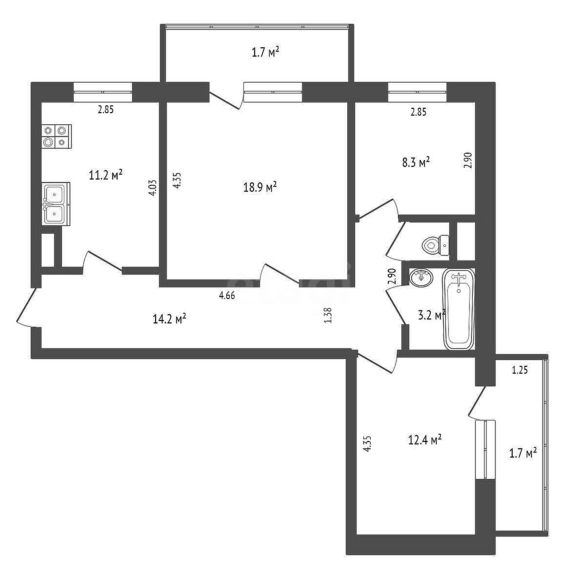 3 комн. квартира, 69.1 м², 1 этаж 