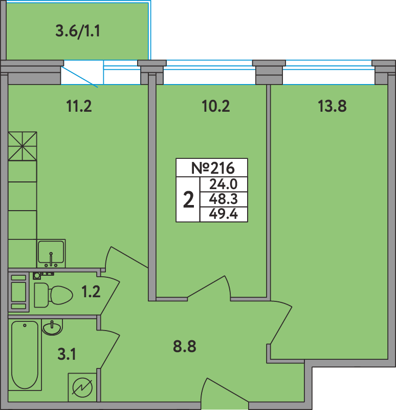 2 комн. квартира, 49.4 м², 5 этаж 