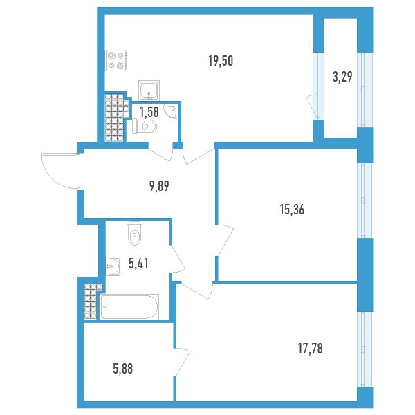 1 комн. квартира, 77 м², 16 этаж 