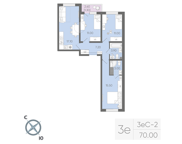 2 комн. квартира, 70 м², 7 этаж 