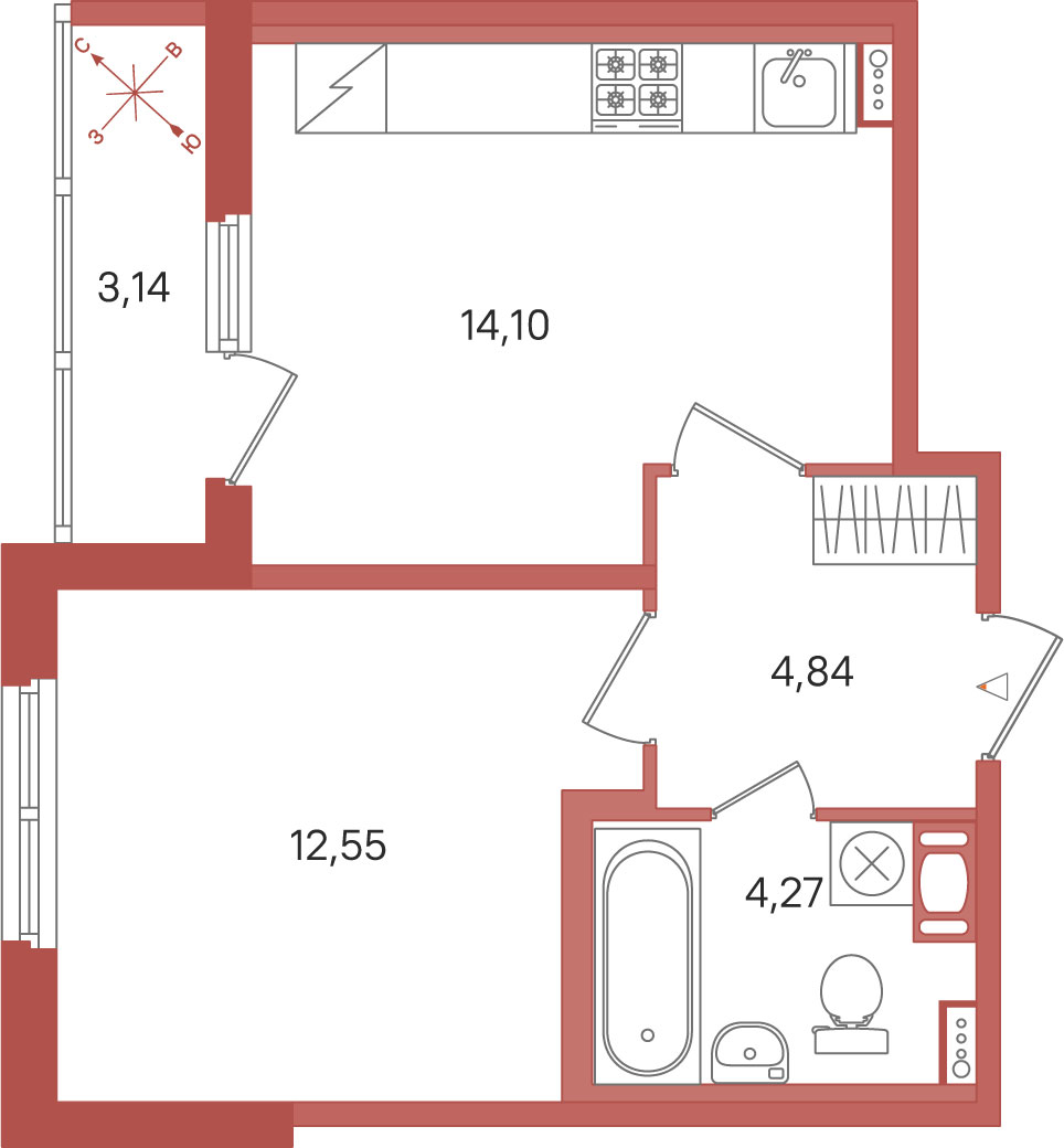 1 комн. квартира, 35.8 м², 2 этаж 