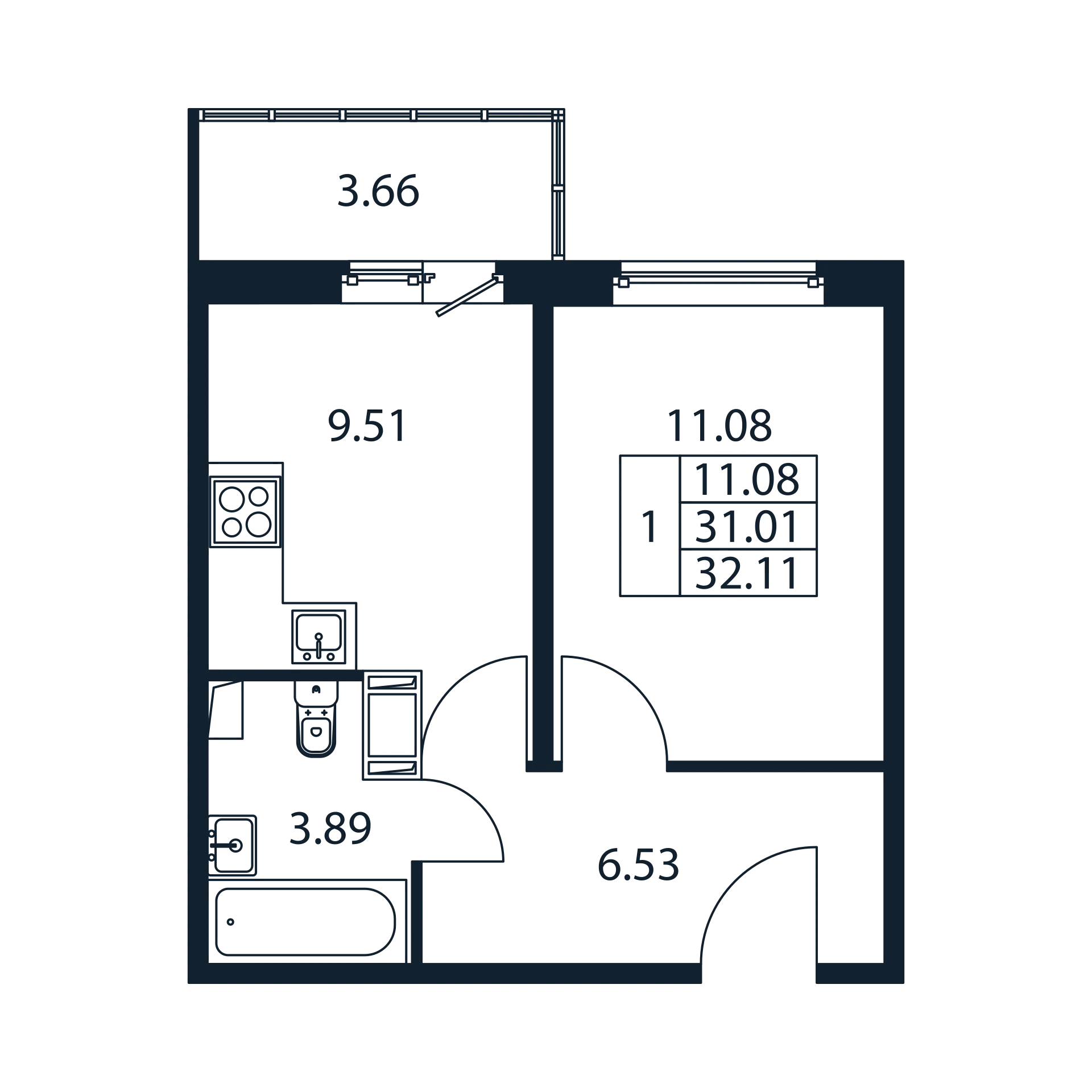 1 комн. квартира, 30.3 м², 12 этаж 