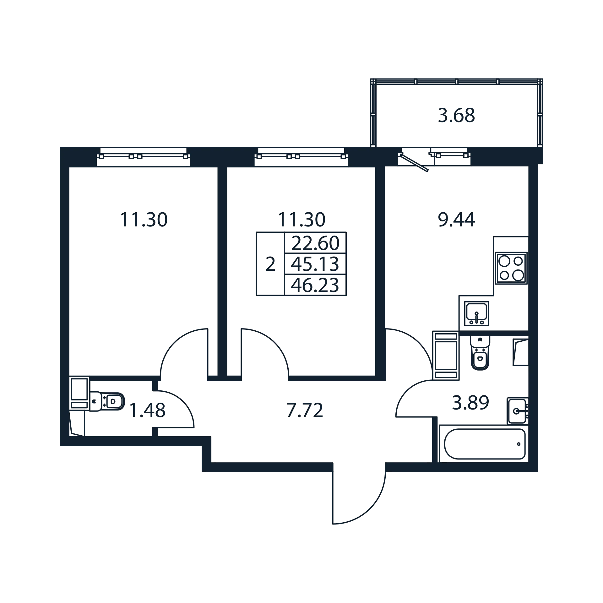 2 комн. квартира, 44.8 м², 12 этаж 