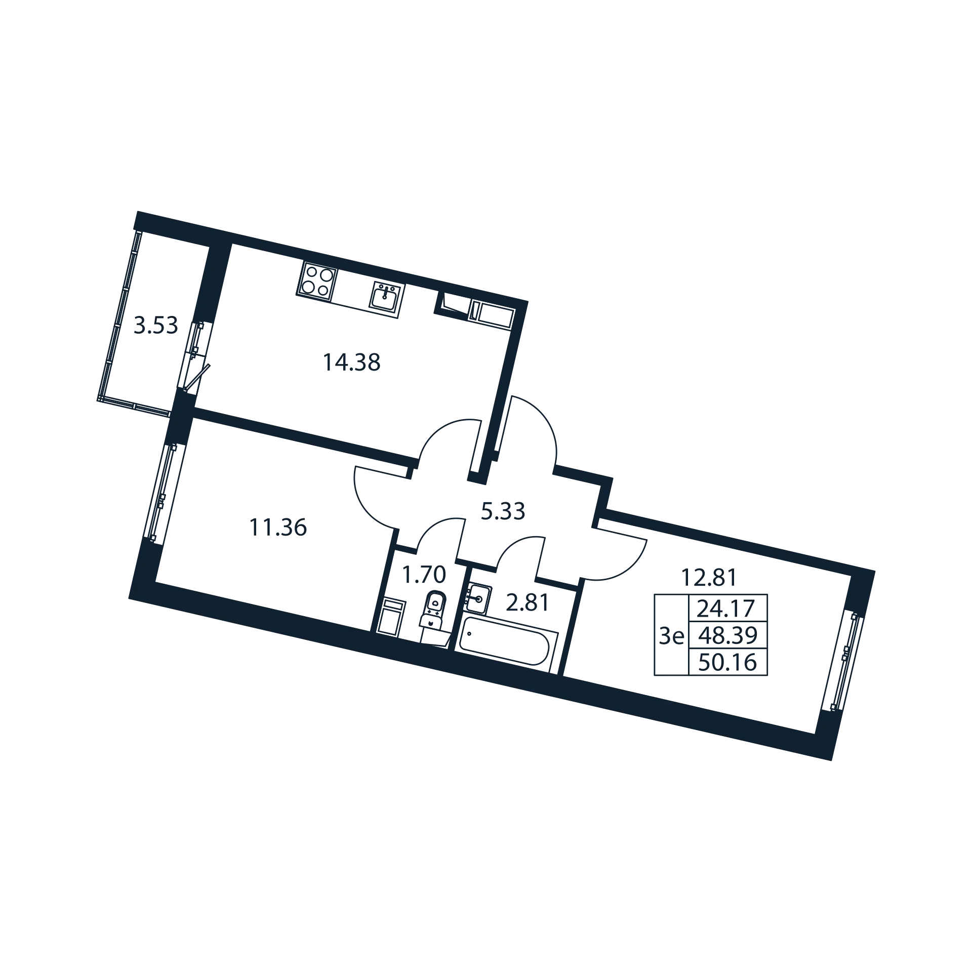 3 комн. квартира, 47.5 м², 12 этаж 