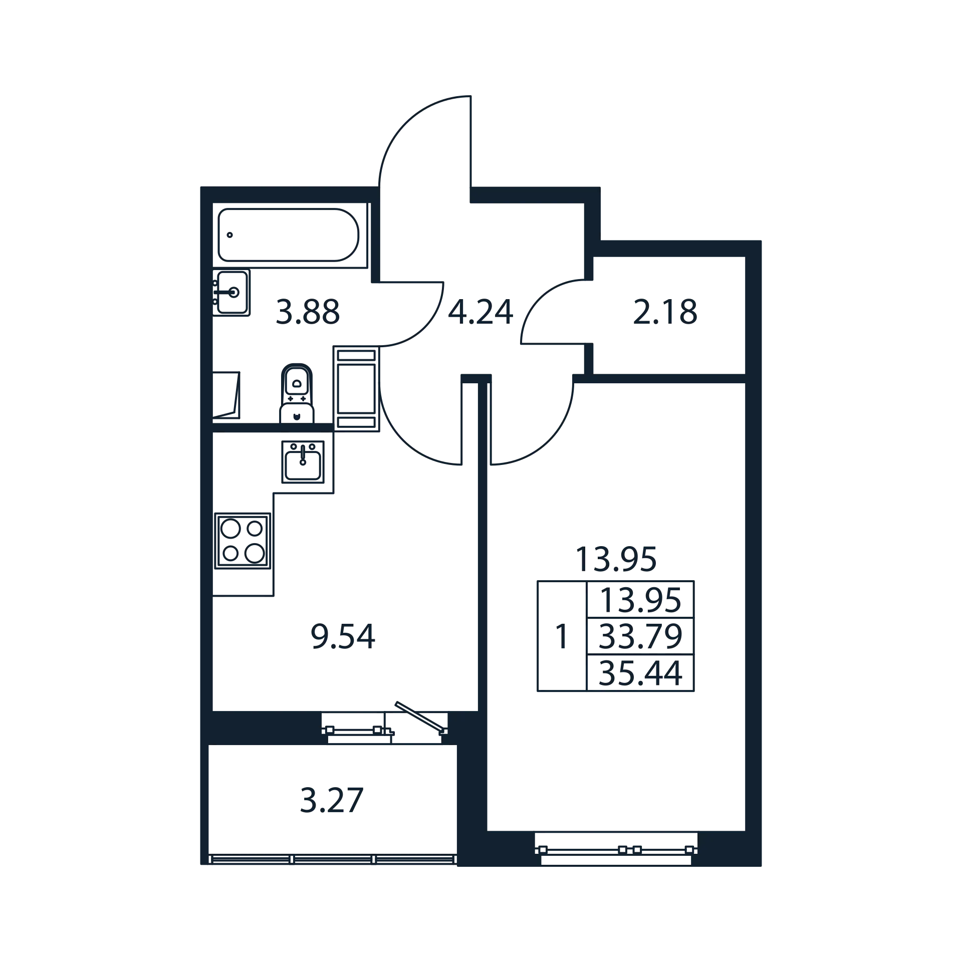 1 комн. квартира, 33.2 м², 12 этаж 