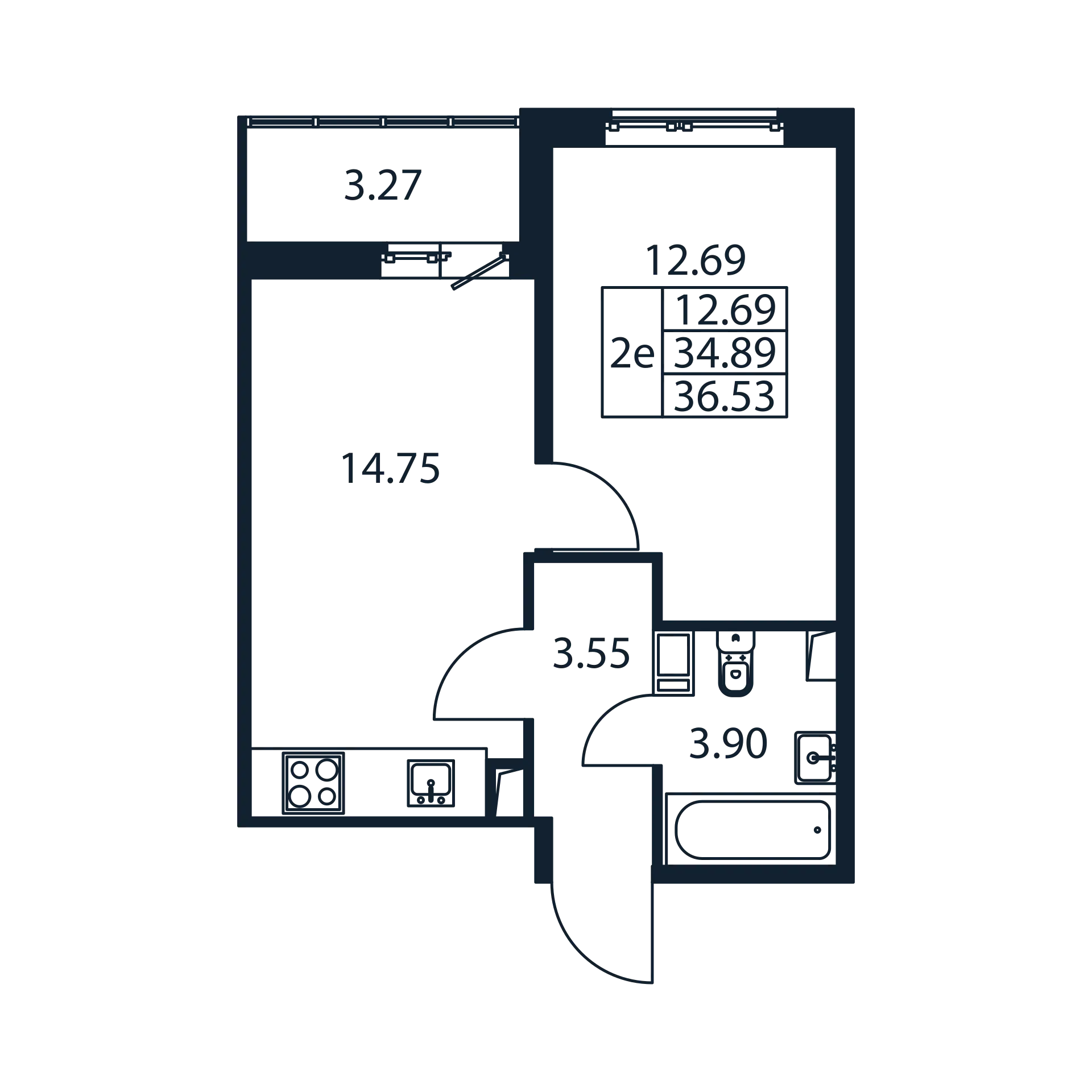 2 комн. квартира, 34.4 м², 9 этаж 