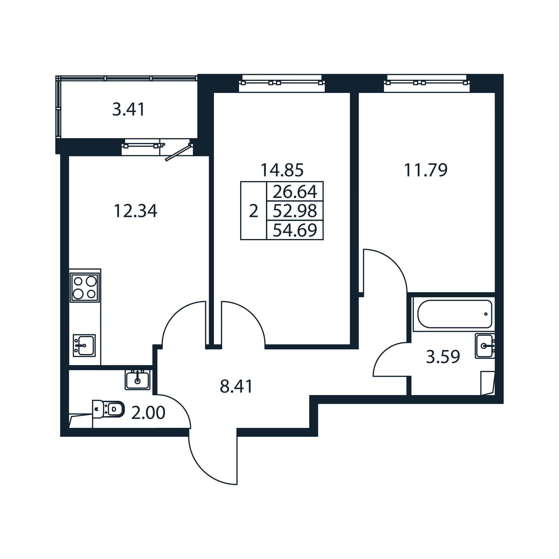 2 комн. квартира, 52.1 м², 2 этаж 