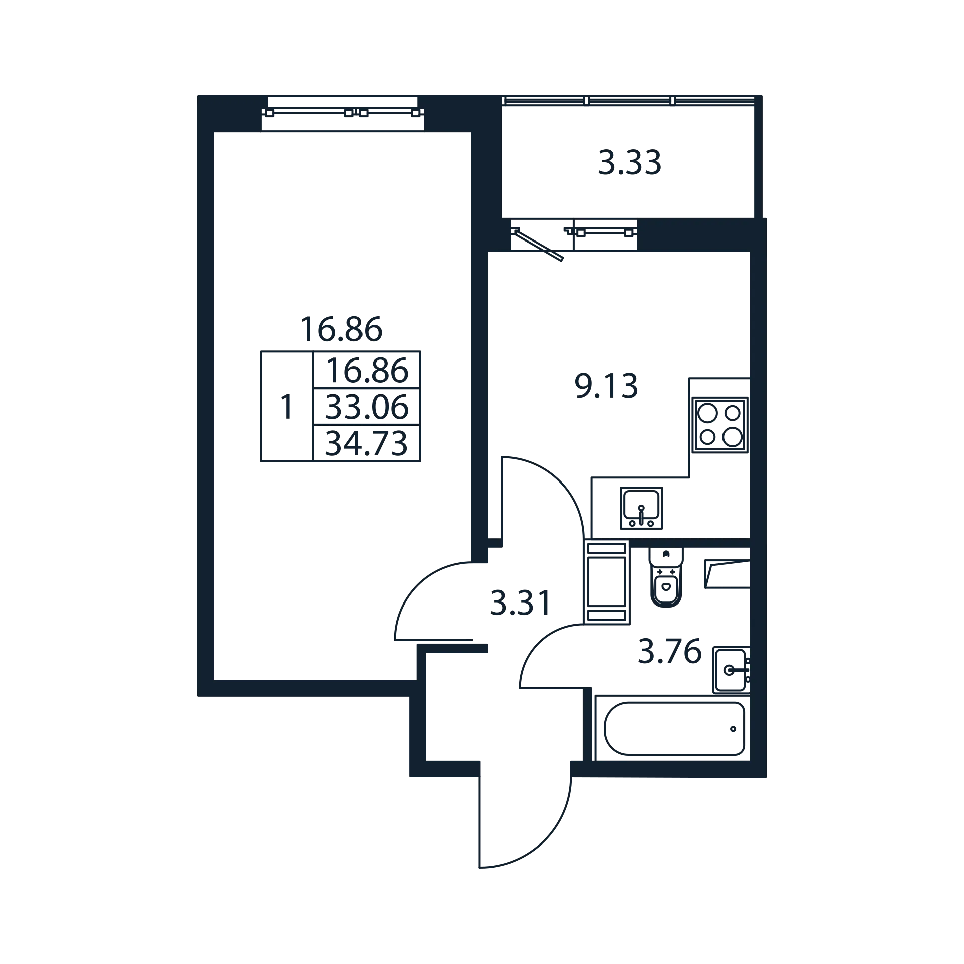 1 комн. квартира, 32.4 м², 12 этаж 