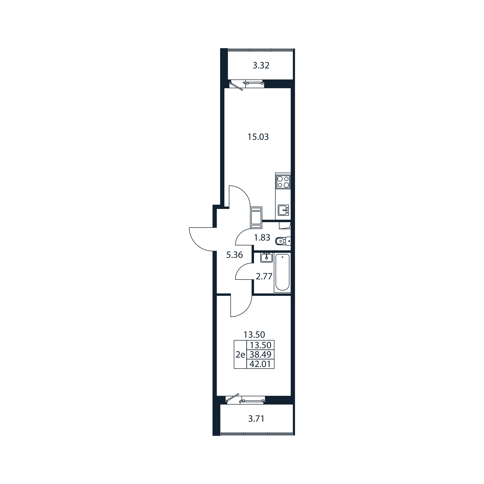 2 комн. квартира, 38.2 м², 8 этаж 