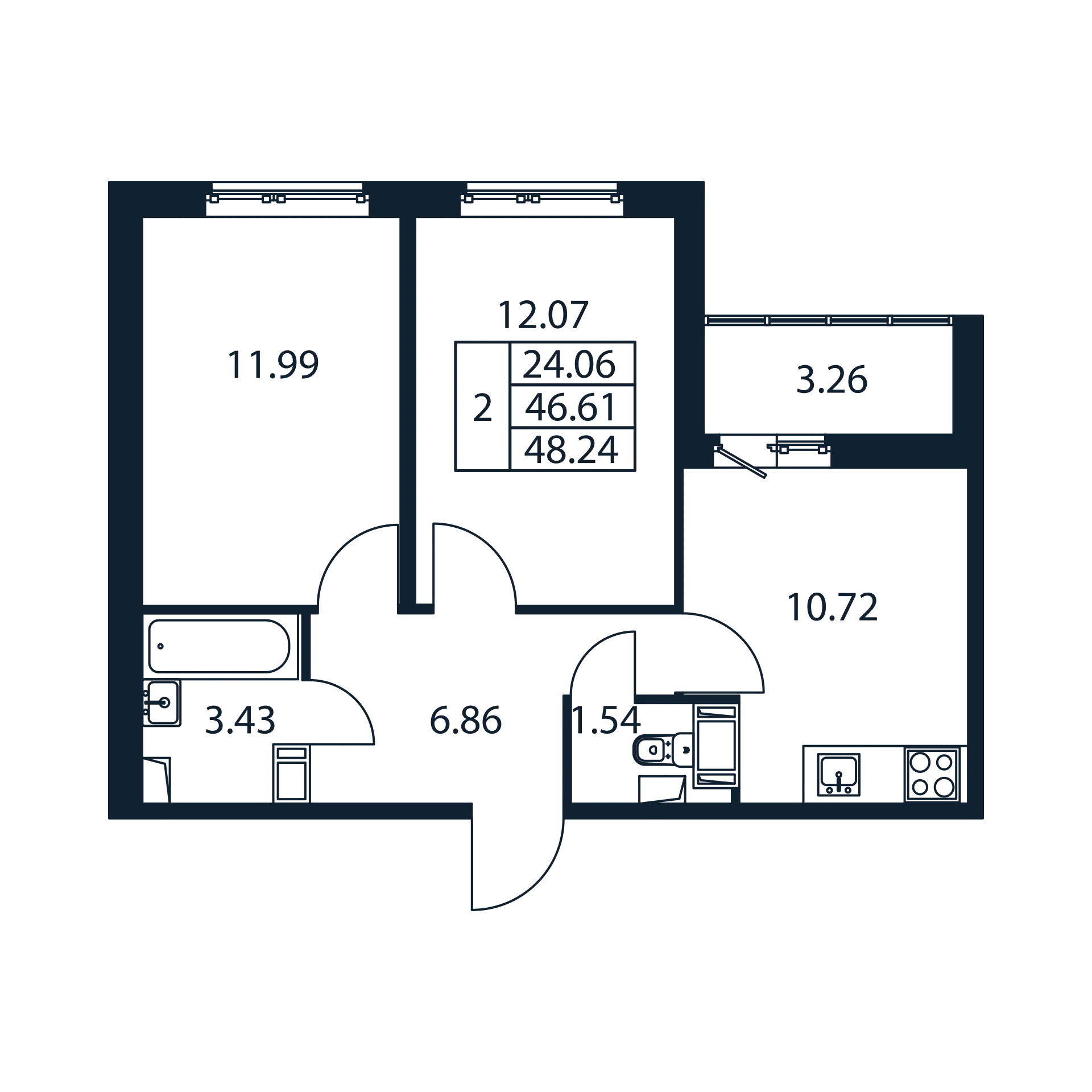 2 комн. квартира, 45.7 м², 2 этаж 