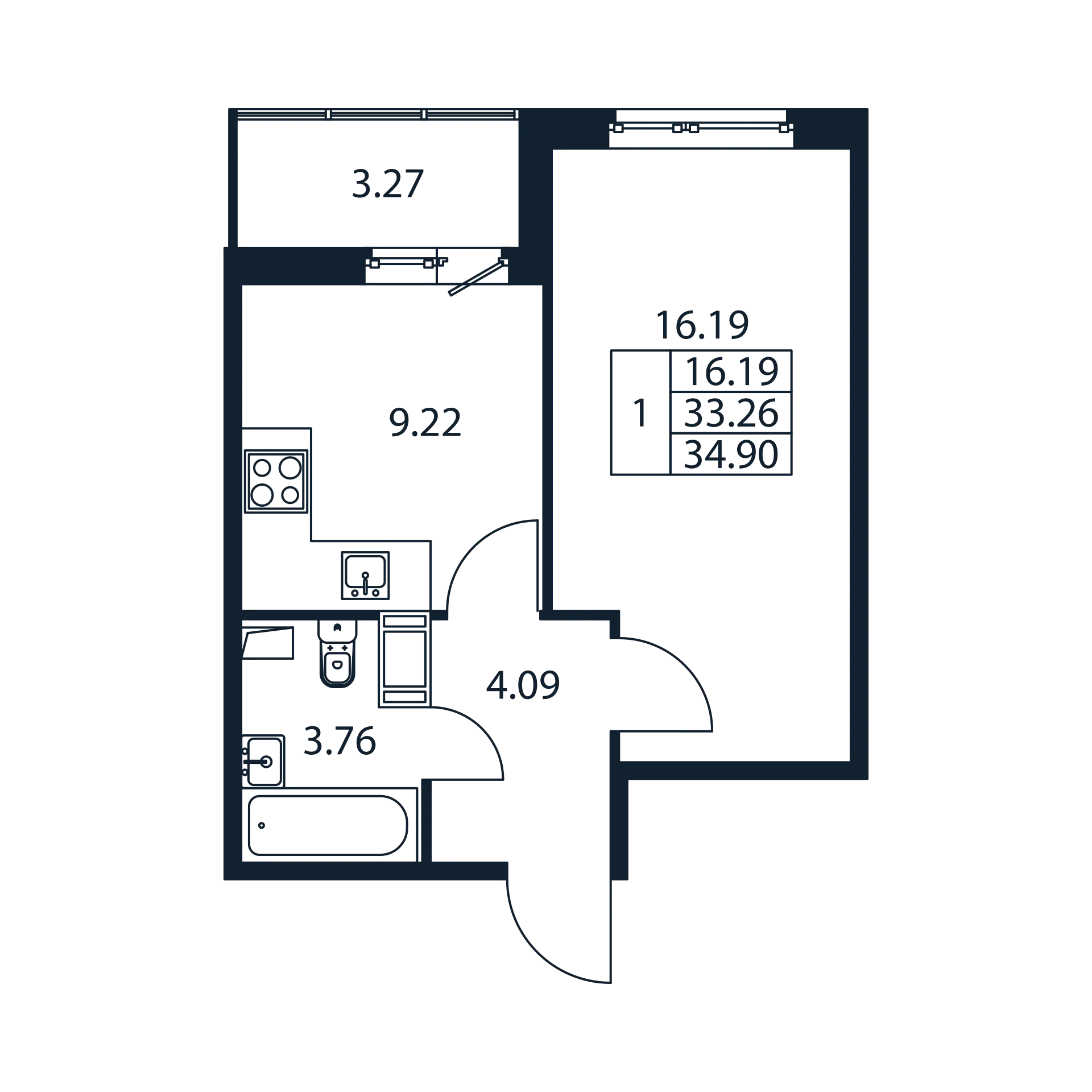 1 комн. квартира, 32.6 м², 12 этаж 