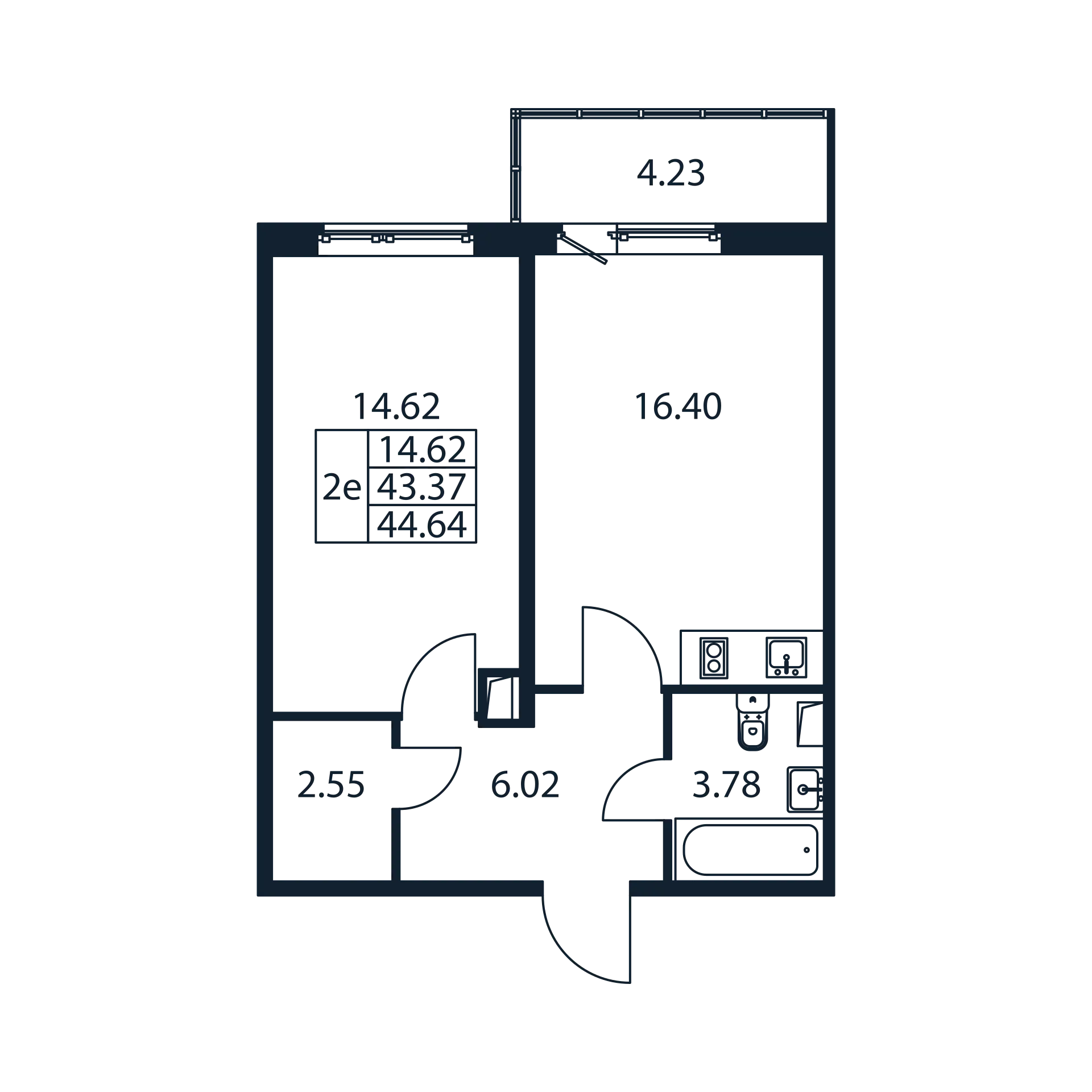 2 комн. квартира, 42.5 м², 1 этаж 