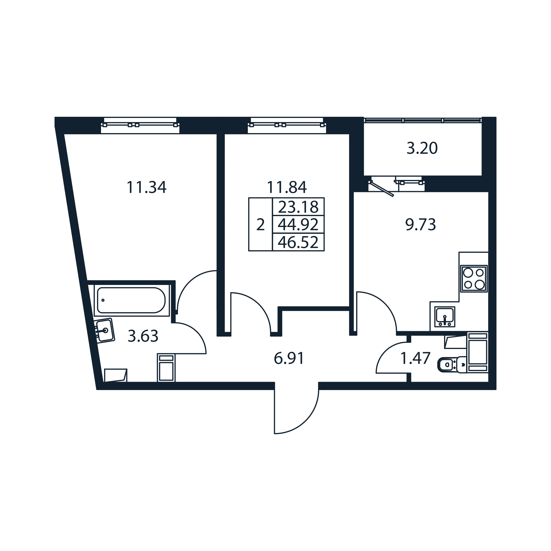 2 комн. квартира, 44.3 м², 12 этаж 