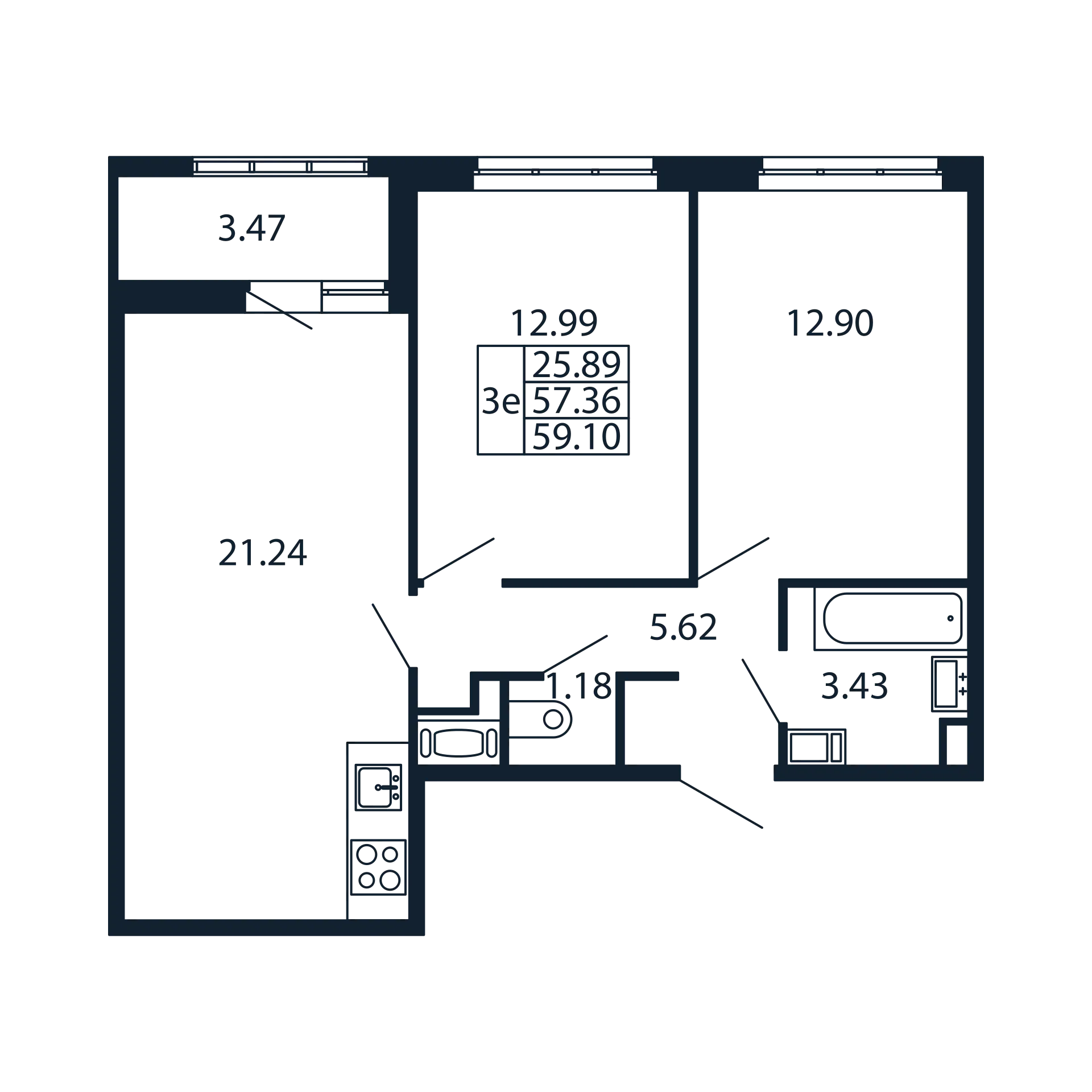 3 комн. квартира, 57 м², 12 этаж 