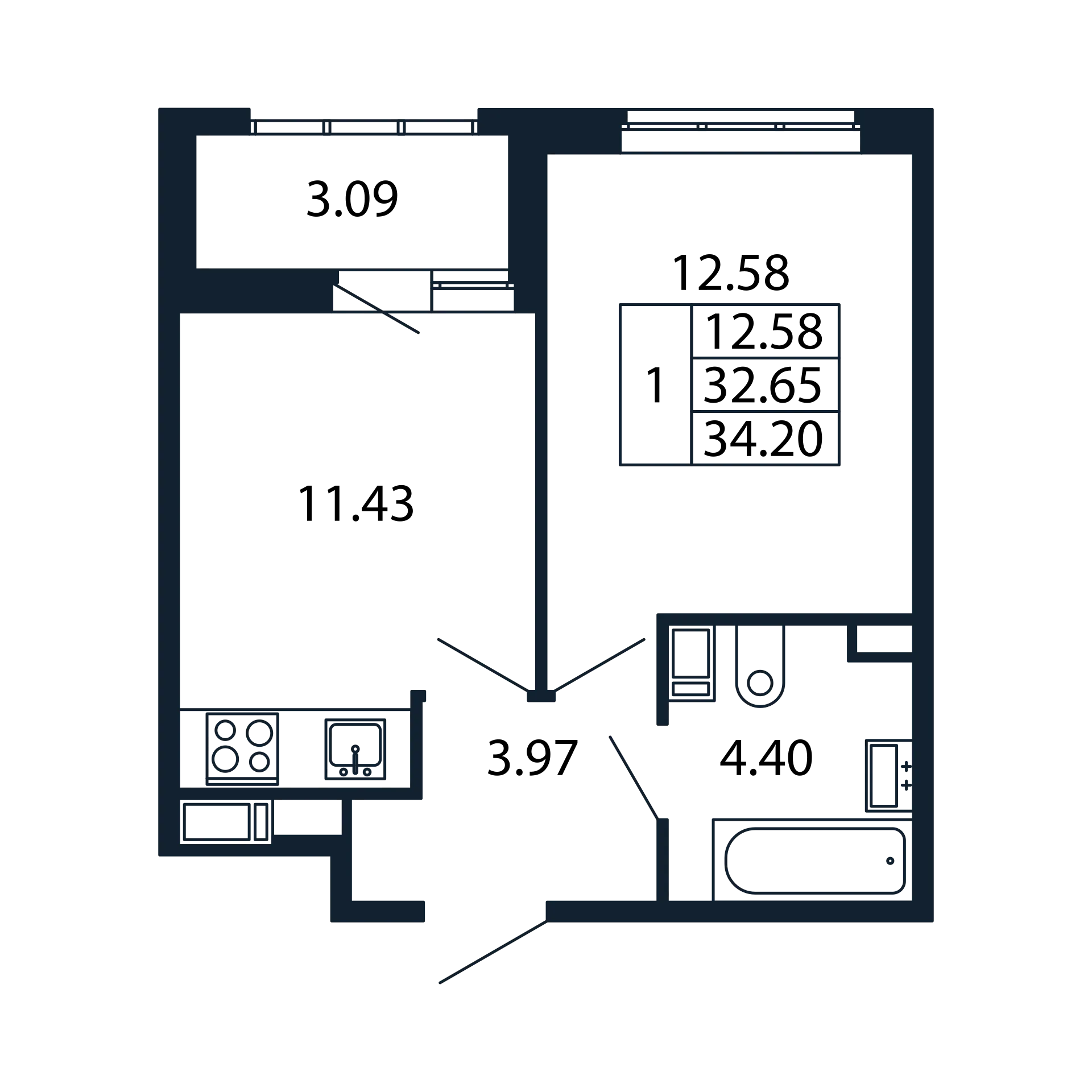1 комн. квартира, 32.2 м², 10 этаж 